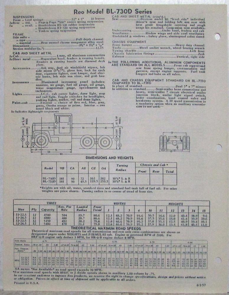 1957 REO B-730D And B-733D Model Truck Specifications Sheet