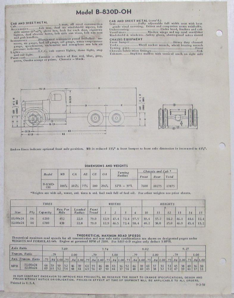 1959 REO B-830D-OH Model Off-Highway Diesel Tandem Truck Specifications ...