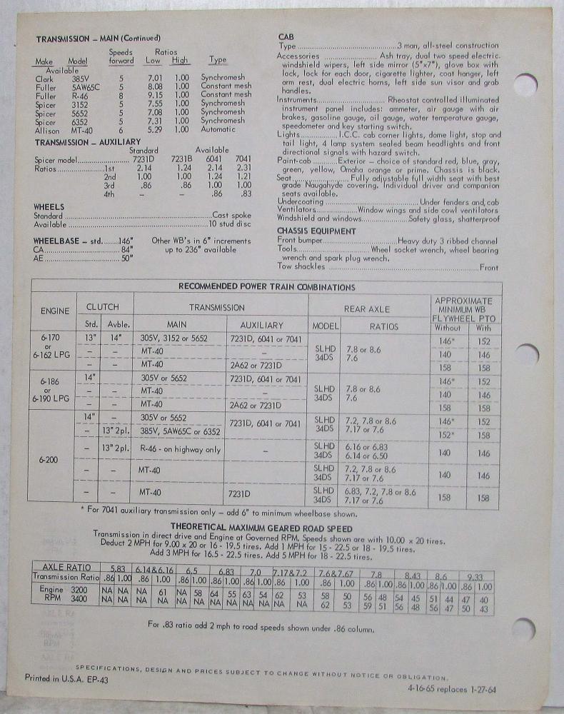 1965 REO E-430 101 Inch BBC Conventional Tandem Truck Specifications Sheet