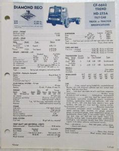 1969 Diamond REO CF-6842 Trend HD-275A Tilt Cab Truck Specifications Sheet