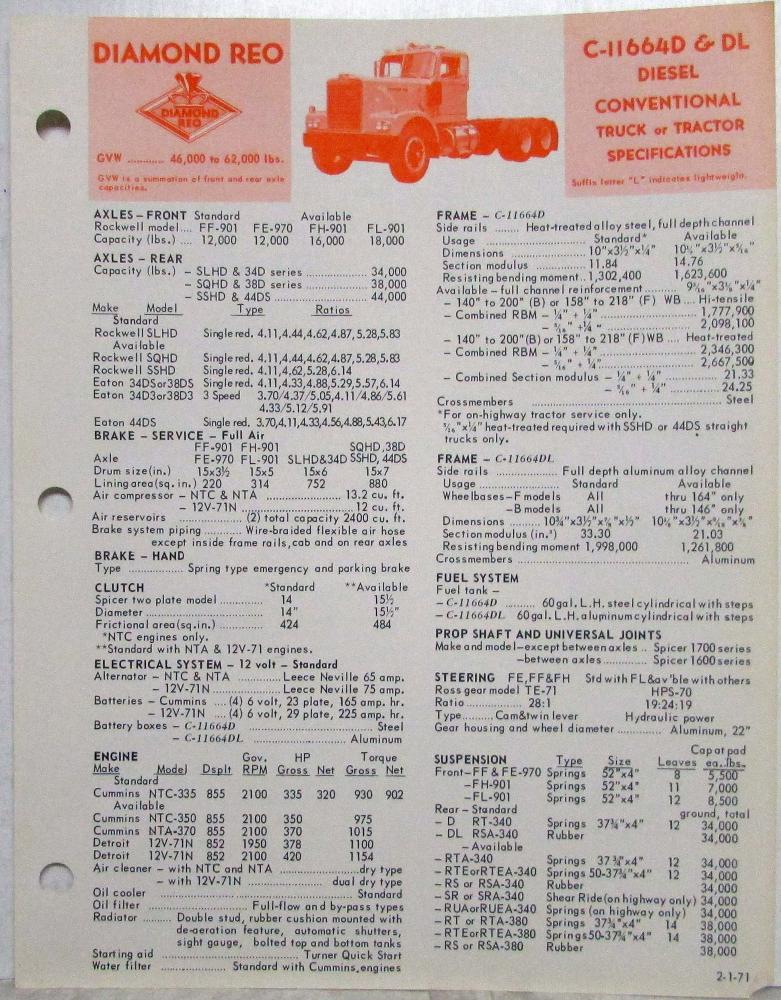 1971 Diamond REO C-11664D/DL Truck Specs with Chassis Dimensions and ...