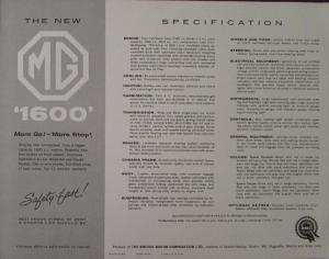 1960 MG MGA 1600 Sales Sheet with Specifications