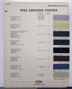 1952 Lincoln DuPont Automotive Paint Chips Bulletin No 13 Original