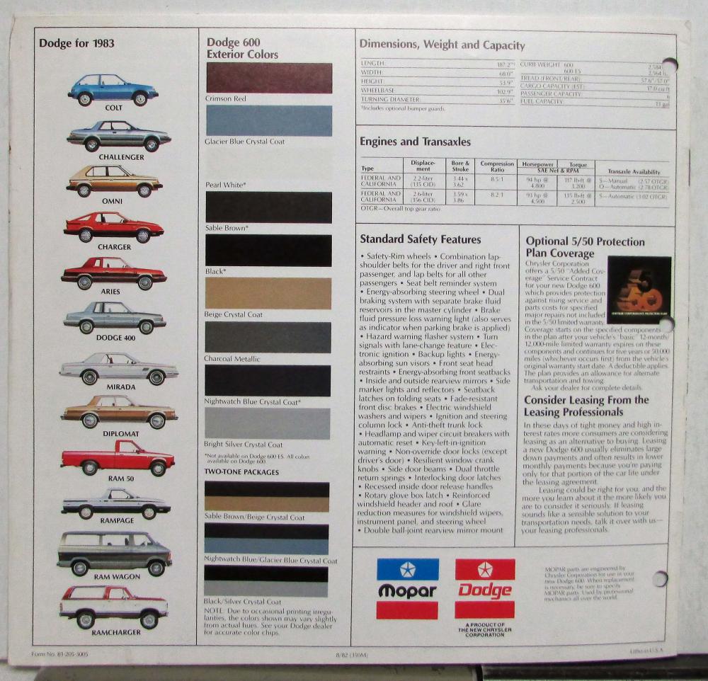 1983 Dodge 600 ES Series Options Interior Exterior Sales Brochure