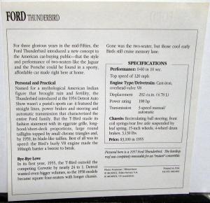 1955-1957 Ford Thunderbird Collectible Photo Specifications Card