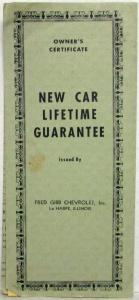 1966 Fred Gibb Chevrolet New Car Lifetime Guarantee Owners Certificate