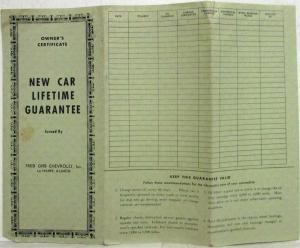 1966 Fred Gibb Chevrolet New Car Lifetime Guarantee Owners Certificate