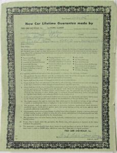 1966 Fred Gibb Chevrolet New Car Lifetime Guarantee Owners Certificate