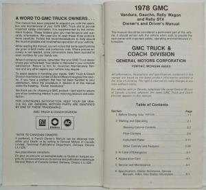 1978 GMC GE and GS 1500 thru 3500 Models Owners and Drivers Manual VanDura Rally