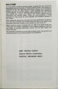 1981 GMC Light Duty Truck w/ Diesel Engine Owners and Drivers Manual Supplement