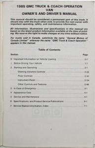 1985 GMC Van Owners and Drivers Manual