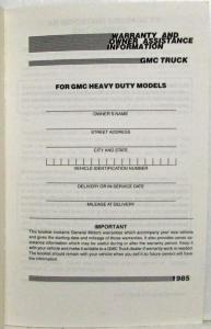 1985 GMC Heavy Duty Models Warranty and Owner Assistance Information