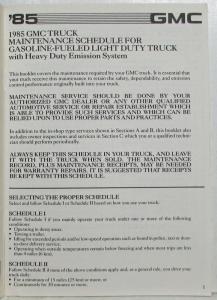 1985 GMC Light Duty Gas Truck with HD Emissions Maintenance Schedule Booklet