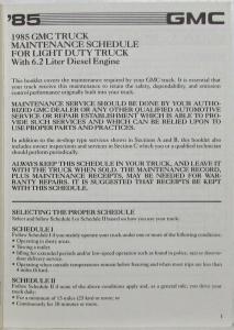 1985 GMC Light Duty Truck 6.2 Liter Diesel Engine Maintenance Schedule Booklet