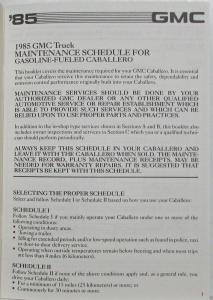 1985 GMC Truck Caballero Maintenance Schedule Booklet