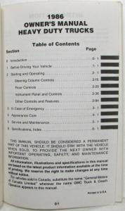 1986 GMC Heavy Duty Truck Owners and Drivers Manual