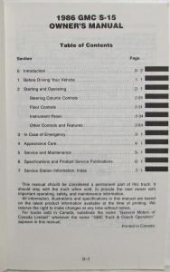 1986 GMC S-15 Truck Owners and Drivers Manual