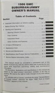 1986 GMC Truck Jimmy and Suburban Owners and Drivers Manual