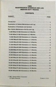 1989 GMC Medium Duty Truck Maintenance Schedule Booklet