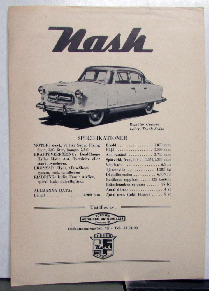 1950 1951 1952 Nash Rambler Custom Four Door Sedan Specs Sheet SWEDISH TEXT