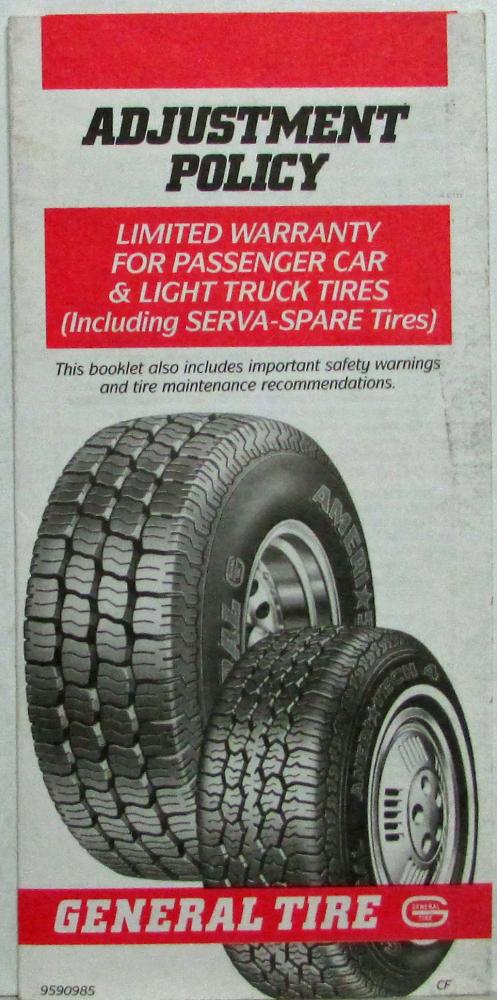 1990 General Tire Adjustment Policy Limited Warranty Brochure