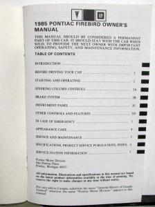 1985 Pontiac Firebird/Trans Am Owners Manual