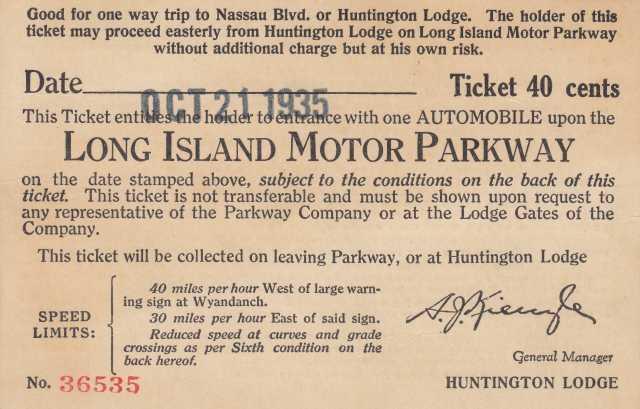 1935 Long Island Motor Parkway Toll Ticket No 36535 - Collectible