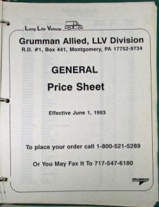 1987-1993 Grumman USPS LLV Vehicle Chassis Parts/Illustration Book/Price Sheet