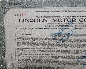 1920 Lincoln Motor Co Stock Certificate TD 452 Notarized Original Memorabilia