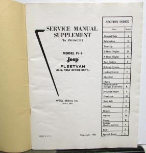 1961 Willys Jeep Dealer FJ-3 Fleetvan US Post Office Service Shop Manual Sup