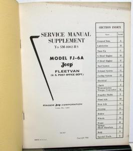 1966 Kaiser Jeep Dealer FJ-6A Fleetvan US Post Office Service Shop Manual Sup