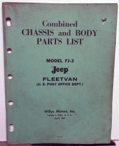 1961 Willys Jeep Chassis & Body Parts List Book FJ-3A Fleetvan US Post Office