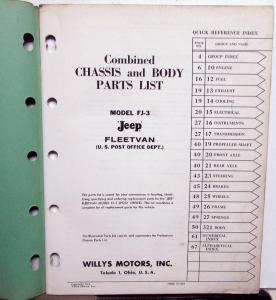 1961 Willys Jeep Chassis & Body Parts List Book FJ-3A Fleetvan US Post Office