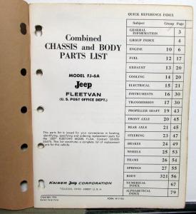 1966 Jeep FJ-6A Fleetvan For US Post Office Use Chassis Body Parts List Book