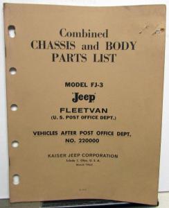 1963 Jeep FJ-3 Fleetvan For US Post Office Use Chassis Body Parts List Book