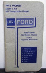 1972 Ford New Model Trucks Dealer Pocket Retail Price Salesmen Data Book Options