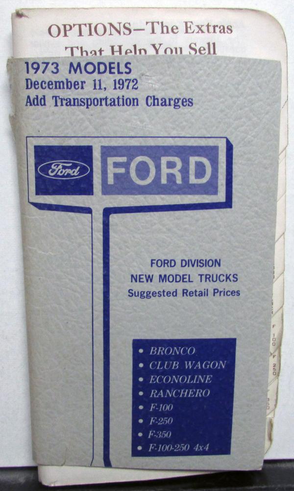 1973 Ford New Model Trucks Dealer Pocket Retail Price Salesmen Data Book Options