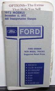 1973 Ford New Model Trucks Dealer Pocket Retail Price Salesmen Data Book Options