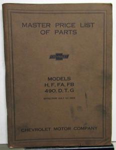 1914-1922 Chevrolet Models H F FA FB 490 D T G Master Parts Price List Book Orig