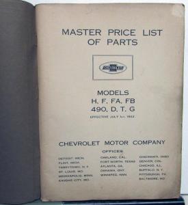 1914-1922 Chevrolet Models H F FA FB 490 D T G Master Parts Price List Book Orig