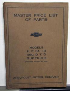 1914-1923 Chevrolet Models H F FA FB 490 D T G Superior Master Parts Price List