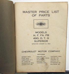 1914-1923 Chevrolet Models H F FA FB 490 D T G Superior Master Parts Price List