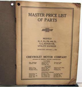 1912-26 Chevrolet Models H F FA FB 490 D T G Superior Utility Express Parts List