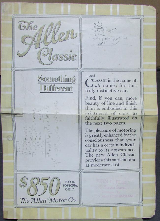 1917 Allen Motor Co Classic & Roadster Sales Brochure Leaflet Original