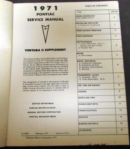 1971 Pontiac Dealer Service Shop Manual Supplement Ventura II Repair