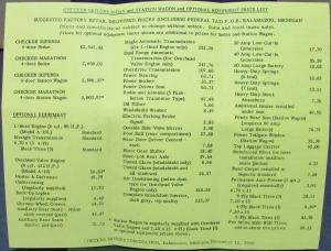 1961 Checker Taxi Sales Brochure Superba Marathon Optional Equipment Price List