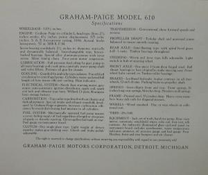 1928 Graham Paige Models 610 619 & 629 Sales Brochure & 6 Data Sheets Originals