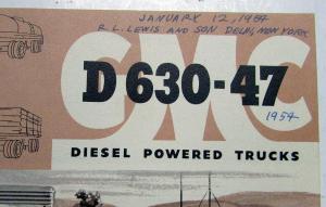 1954 GMC D 630 47 Diesel Powered Truck Data Sheet Sales Brochure Original